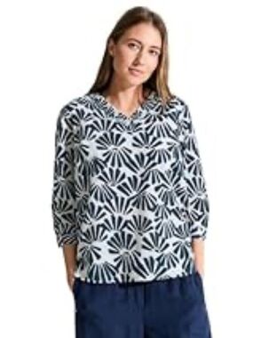 Cecil Women's Navy & White Printed V-Neck Blouse size small
